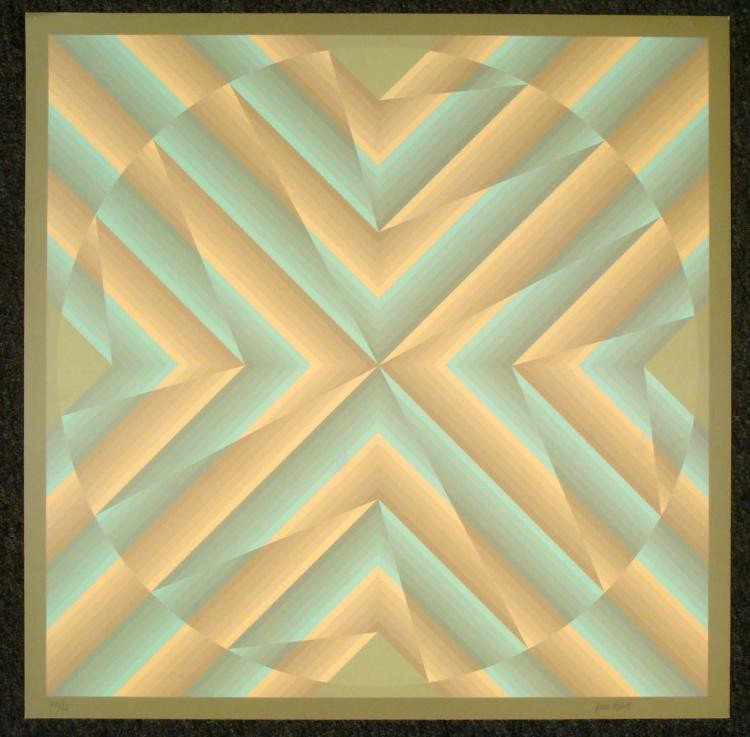 Jim Bird Signed Modern Op Art Print: The gradation of colors in this art print create an optical art effect, and a pleasing, symmetrical design. * Artist: Jim BirdSignature: In pencil, lower right Edition: Numbered 72/75, lower leftMediu