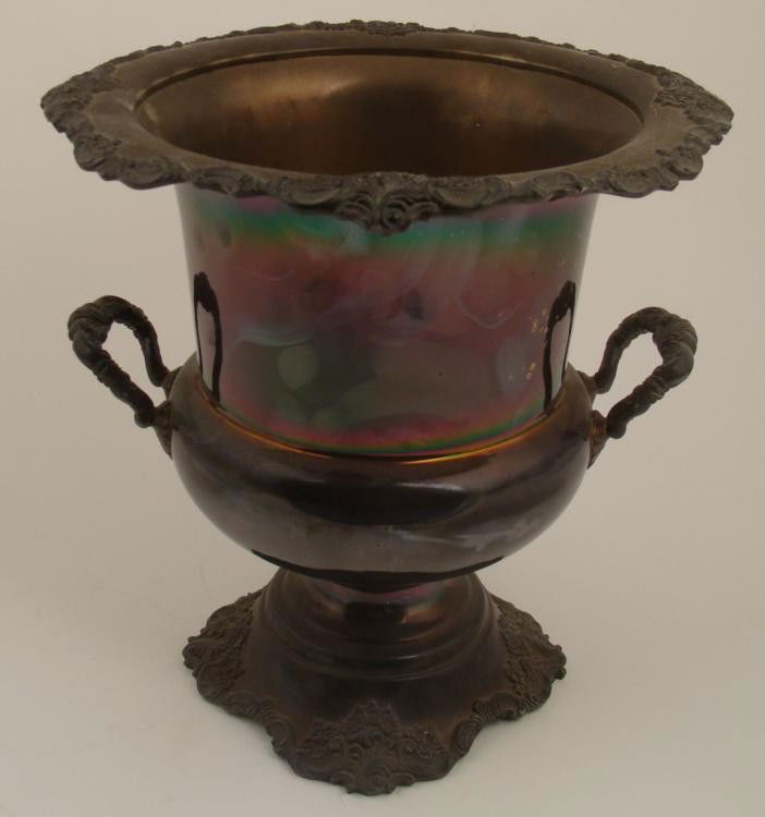 Wallace Baroque Silver Plated 243 Handled Vessel Urn: This is a large, handled vessel from Wallace Silversmiths. It is in the "Baroque" pattern, with ornate rim, base and handles. It is marked and numbered 243 on the bottom. It is in need of a polishing,