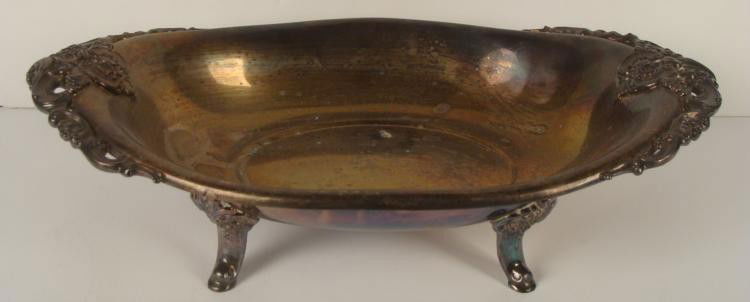 Wallace Baroque Silver Plated 222 Handled Serving Dish: This is a large, handled serving dish from Wallace Silversmiths. It is in the "Baroque" pattern, with ornate rim, legs and handles. It is marked and numbered 222 on the underside. It is in need of a p