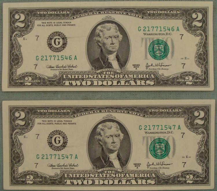2 Consec CU $2 2003 A Notes G Mint Ink Smear -ERROR: (2) 2003-A $2 bills with consecutive serial numbers * Designation: Error - Ink SmearMint mark: G (Chicago)Grade: Crisp Uncirculated * *