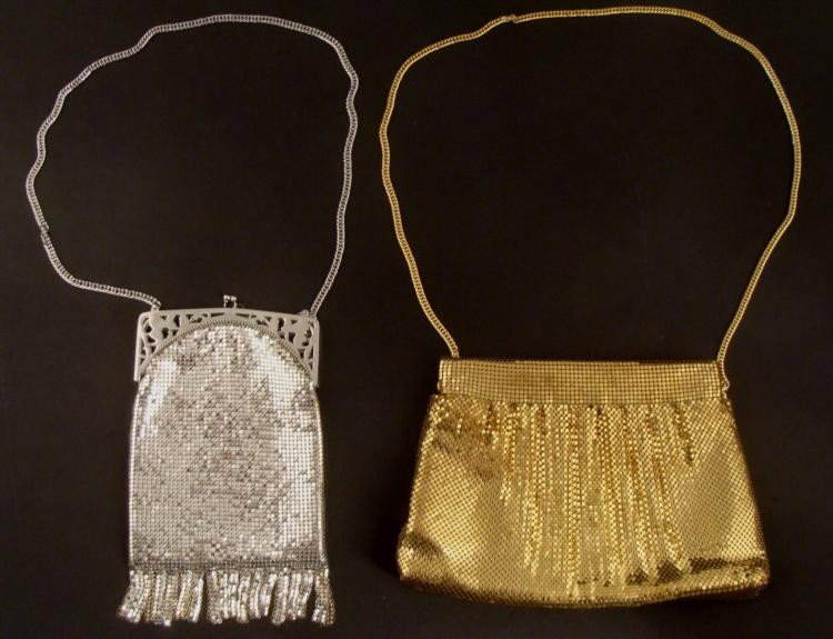 2 Whiting & Davis Mesh Purses 1 Silver, 1 Gold -Vintage: Here are two different vintage Whiting & Davis Mesh Purses. Both are in excellent condition. * One is silver, with Art Nouveau style pierced frame, and mesh tassels. The silken lining has a slight