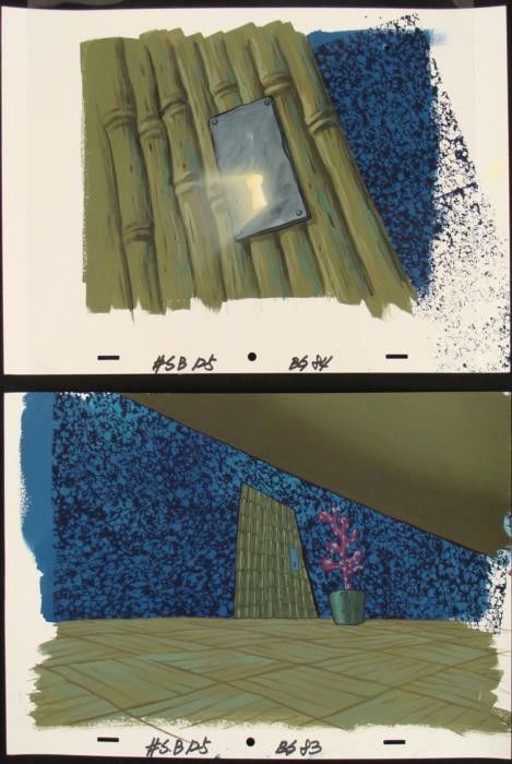 2 SpongeBob Orig Backgrounds Animation Squidwards Door: These are 2 original hand-painted backgrounds from the Nickelodeon television show SpongeBob Squarepants. The story takes place under the deep blue sea in Bikini Bottom, wher