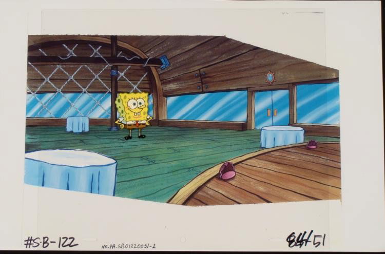 SpongeBob Orig Cel & Repro Background Krusty Krab Stand: This animation cel and reproduction background are from the Nickelodeon TV show SpongeBob Squarepants. The story takes place under the deep blue sea in Bikini Bottom, where Sponge