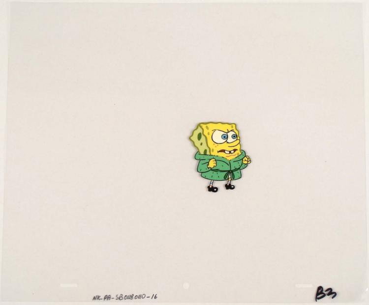 Bad Mood SpongeBob Original Cel Production Art Robe: This original animation cel is from the Nickelodeon TV show SpongeBob Squarepants. The story takes place under the deep blue sea in Bikini Bottom, where SpongeBob resides. Sp