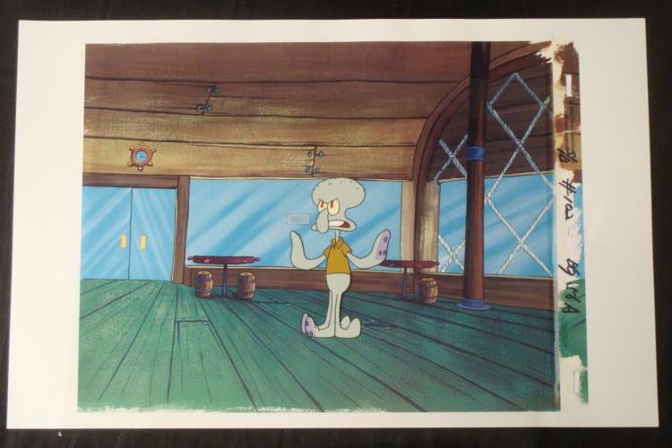 Original Production Cel SpongeBob Background I Am Done: This animation cel and reproduction background are from the Nickelodeon TV show SpongeBob Squarepants. The story takes place under the deep blue sea in Bikini Bottom, where Sponge