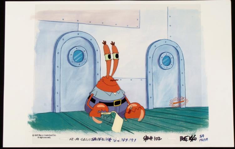 Original I Love My Job Cel Animation Spongebob Art: This animation cel and reproduction background are from the Nickelodeon TV show SpongeBob Squarepants. The story takes place under the deep blue sea in Bikini Bottom, where Sponge