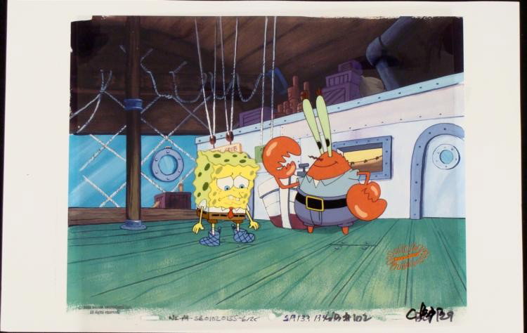 Production Cel Original Embarrassing Spongebob Art: * This animation cel and reproduction background are from the Nickelodeon TV show SpongeBob Squarepants. The story takes place under the deep blue sea in Bikini Bottom, where Spon