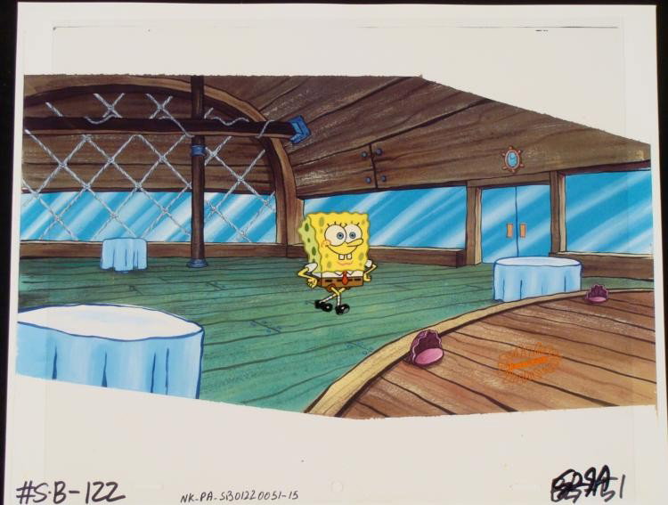 SpongeBob Orig Cel & Repro Background Krusty Krab Dance: This animation cel and reproduction background are from the Nickelodeon TV show SpongeBob Squarepants. The story takes place under the deep blue sea in Bikini Bottom, where Sponge
