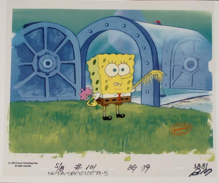 Original Production Cel Cluessless Background Spongebob: This animation cel and reproduction background are from the Nickelodeon TV show SpongeBob Squarepants. The story takes place under the deep blue sea in Bikini Bottom, where SpongeBob resides. SpongeBo