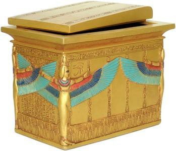 Intricate EGYPTIAN JEWELRY BOX EGYPT MWF1786: Intricate EGYPTIAN JEWELRY BOX EGYPT, Measures: 8.5inL x 8inH x 8inD, Weight 4 lbsThis is a reproduction piece shows the larger sarcophagus of King Tutankhamun that held his three inner coffin