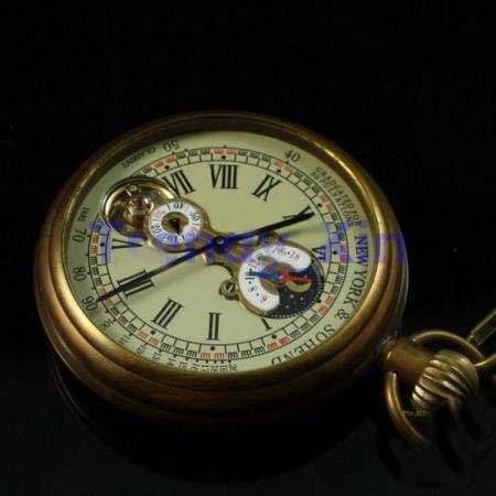 Vintage Copper Five hands Mechanical Pocket Watch MWF17: Vintage Copper Five hands Mechanical Pocket Watch, ntique Brass Colour case with Copper material, Golden Tourbillion cage is located at 6 oclock position, with chain