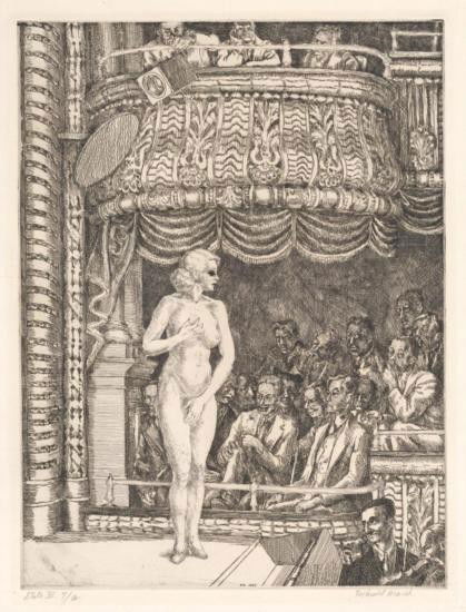 Striptease At New Gotham By Reginal Marsh 1935: Title: Striptease at New Gotham. Artist: Reginald Marsh Category: 20th Century Prints > Dance, Circus, and Theater Medium Used: Etching, Year: 1935. Edition: Edition 40. Size: Image size 1
