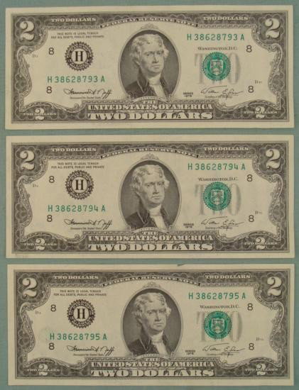 3 Consec # $2 Two Bills Notes 1976 H Mint St. Louis: (3) 1976 $2 bills, with consecutive serial numbers * Mint mark: H (St. Louis) * Bills shown may be slightly different from those you receive