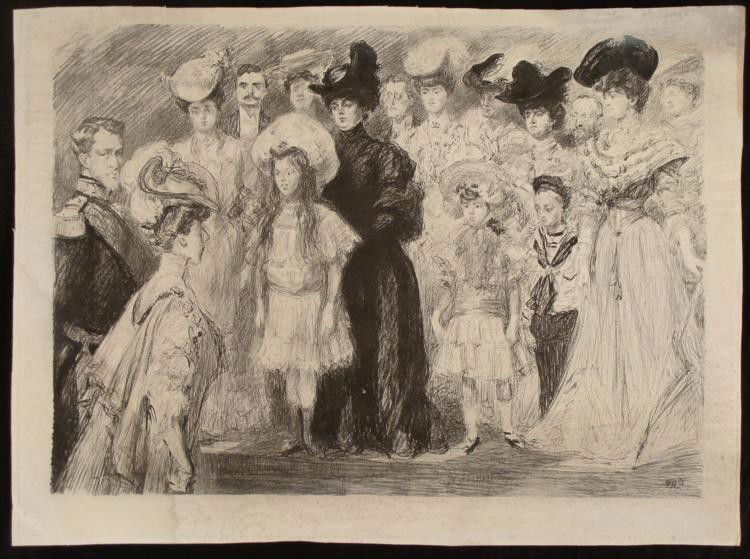 Gibson Girl Vintage Art Print Turn of Century PR.: This is a vintage art print featuring women reminisecent of the famous "Gibson Girl," created by Charles Dana Gibson. Here a great group of women and men gaze at a man in uniform and a woman with a fe