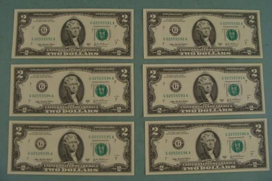 6 Consec Number 2003 A $2 Bills G Mint Notes Chicago CU: (6) 2003 A $2 bills, with consecutive serial numbers * * Grade: Crisp Uncirculated * Mint mark: G (Chicago) * Note: Serial Numbers you receive may be different from the ones pictured