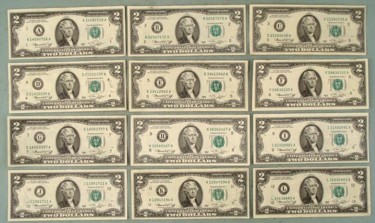 Complete Set 12 All Mint Marks 1976 $2 Bills Notes A-L: Complete set with All 12 Mint Marks of the 1976 $2 bill * Condition: Most Crisp Uncirculated Mint marks: A, B, C, D, E, F, G, H, I, J, K, L * Bills may be different from the ones shown