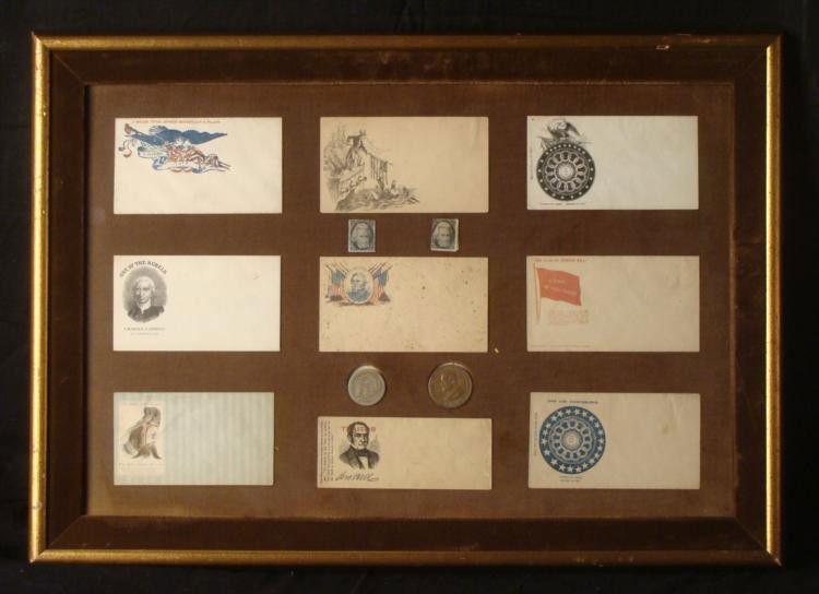 RARE CIVIL WAR COLLECTION ORIG ENVELOPES, STAMPS COINS: RARE CIVIL WAR COLLECTION OF ORIGINAL PATRIOTIC ENVELOPES FROM THE WAR--ALSO 1862 U.S. POSTAGE STAMPS--US SEATED LIBERTY HALF DOLLAR & ORIGINAL CONFEDERATE REUNION COMMEMORATIVE COIN DATED 1908.&n