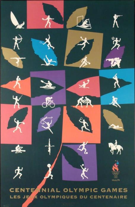 Stylish Olympics Centennial Mounted Poster 1996 Atlanta: This colorful Pop Art style poster was made especially for the Olympic Games in Atlanta in 1996: Designer: Malcolm Grear Designers Poster on glossy paper, mounted on heavy pressboard with slot for eas