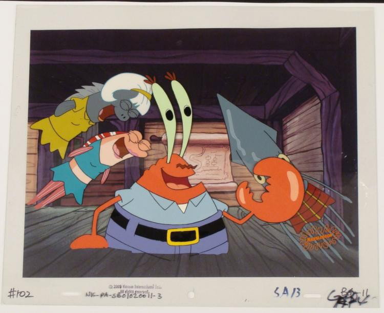 Spongebob Production Cel Treasure Map Original Art: This animation cel and reproduction background are from the Nickelodeon TV show SpongeBob Squarepants. The story takes place under the deep blue sea in Bikini Bottom, where Sponge