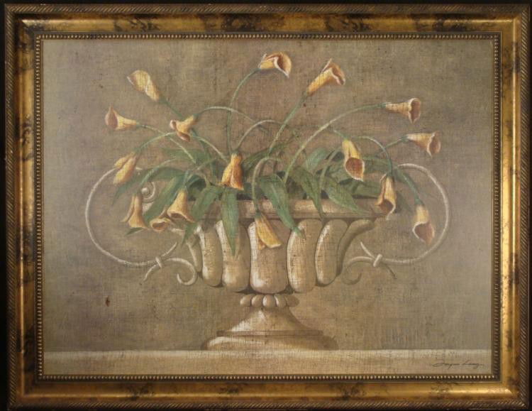 Jacques Lamy Yellow Lilies Large Framed Art Print: This large print portrays a wide tureen brimming with yellow lilies, on fanciful curled stems. The print captures all the details of the original, including the old cracked paint, making this print a