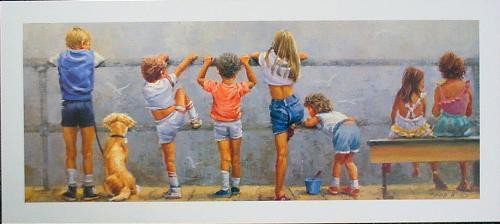 Lucelle Raad BOARDWALK Cute Kids + Dog Art Print: This enchanting print is by popular artist Lucelle Raad: * Title: "Boardwalk" * Off-set lithography on lightly pebbled paper * Artist's signature in the plate LR * Sheet size: 10 × 22½ * 