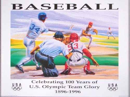 Manuel Morales 1996 U.S. Olympics Baseball Poster Art: This great looking elegant poster by well-known sports artist Manuel Morales was created for the Olympic Games in Atlanta in 1996:Title: "U.S. Baseball - Celebrating 100 Years of Olympic Team Glory"Po