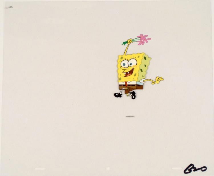 Jump For Joy SpongeBob Original Production Art Cel: This original animation cel is from the Nickelodeon TV show SpongeBob Squarepants. The story takes place under the deep blue sea in Bikini Bottom, where SpongeBob resides. Sp
