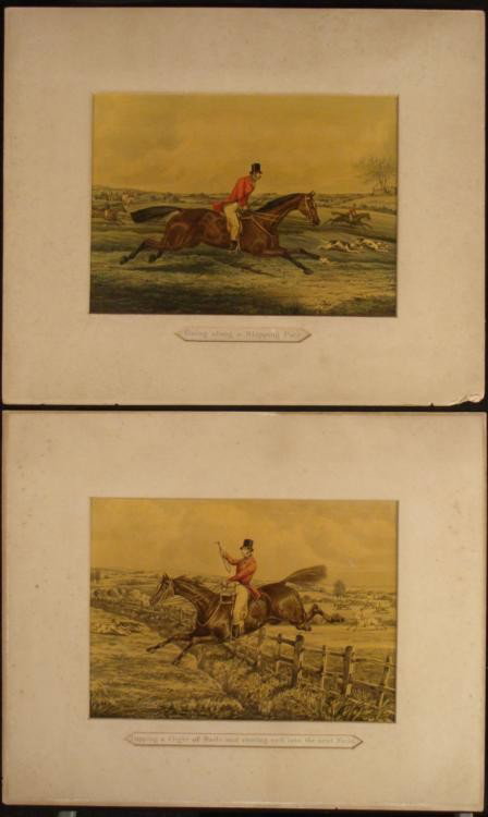 2 Robert Frankland Original Old Horse Hunting Prints: These two original old prints both show men galloping full speed ahead for the hunt, while others ride along in the background. * Artist: Robert FranklandTitles: "Going Along at a Slapping Pace;" "Top