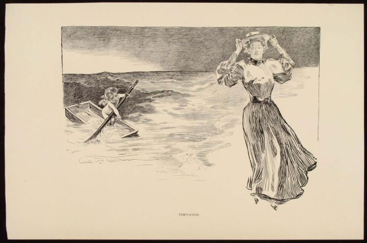 Charles Gibson Girl Orig Book Print 1896 TEMPTATION: Here is an original, double-sided print from the antique book Pictures of People by Charles Dana Gibson. The book and this print were published in 1896, and this U.S. edition was limited to 500 copies