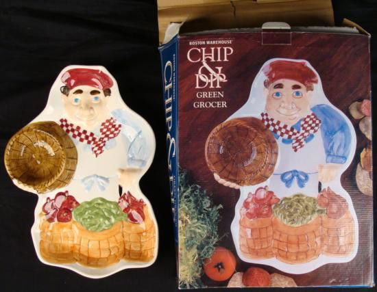 Chips Dip Serving Platter Boston Warehouse: Here's a nice Green Grocer to hold your chips and dip, and veggies. This earthenware serving platter from Boston Warehouse is 11 x 16 1/2 inches. It is in mint condition in the original box (box has l