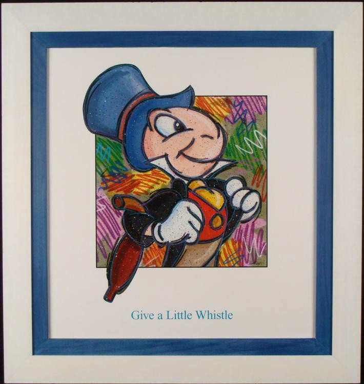 Jiminy Cricket Dick Duerrstein Framed Disney Poster: This poster of Disney's beloved Jiminy Cricket is quite modern in its vibrant, Pop Art style. But it's traditional as well, with that thoughtful verse from the memorable song: "Give a little whistle .