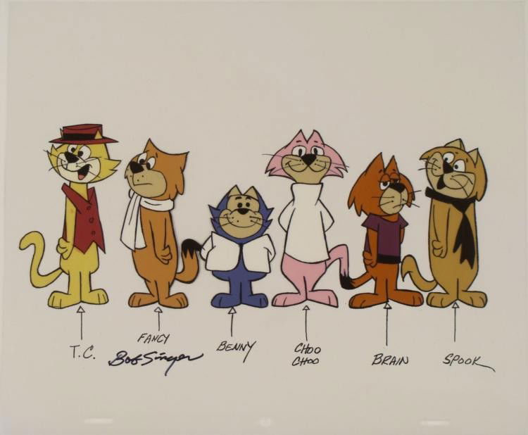Top Cat & Friends Signed Orig Model Cel Animation Art: This is an original production animation model cel from the television series "Top Cat". * This cel has the main gang of alley cats, all with their names listed. * Bob Singer's signature appears