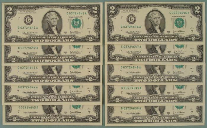 (10) Consec# 2003A $2 Notes Two Dollar Chicago Bills CU: (10) 2003-A $2 Notes * Mint mark: G (Chicago) Grade: Crisp Uncirculated The dollars you see pictured are different from the ones you will receive *