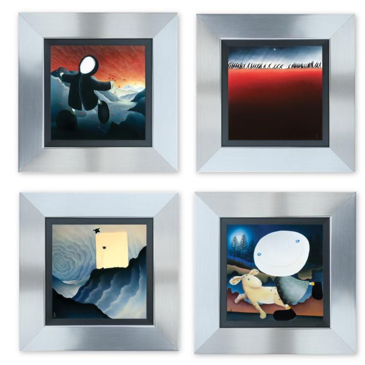 Mackenzie Thorpe : Iconography Collection I: Artist: Mackenzie Thorpe Title: Iconography Collection I (portfolio of 4 panels) Baby Mine Deliverer of Hope Going to the Mine In God's VoiceMedium: Serigraph on panel Orientation: square Image s