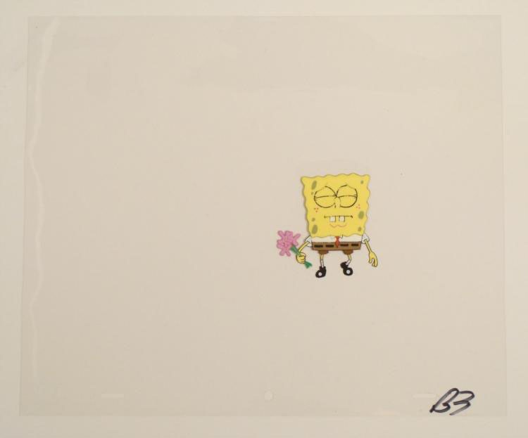 Pink Flowers Original SpongeBob Cel Art Animation Sandy: This original animation cel is from the Nickelodeon TV show SpongeBob Squarepants. The story takes place under the deep blue sea in Bikini Bottom, where SpongeBob resides. Sp