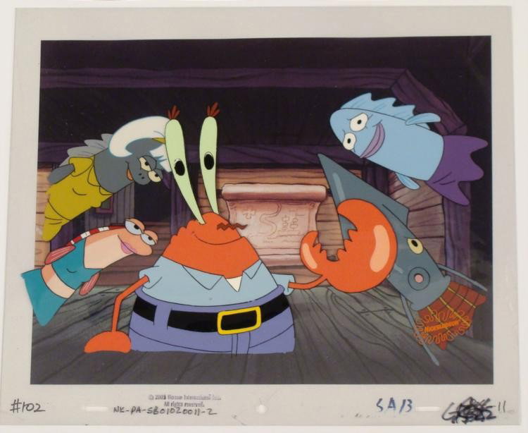 Cel Spongebob Gather Around Original Production: This animation cel and reproduction background are from the Nickelodeon TV show SpongeBob Squarepants. The story takes place under the deep blue sea in Bikini Bottom, where SpongeBob r