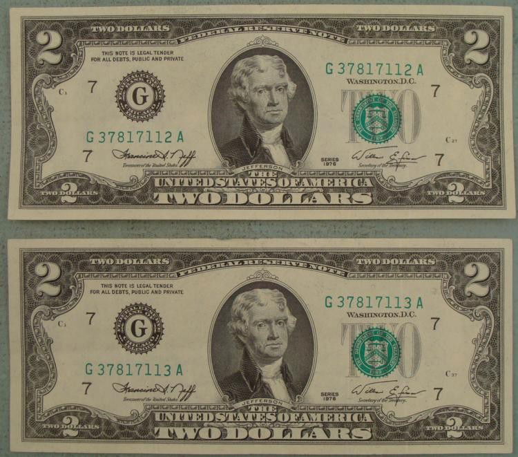 2 UNC Consec Number $2 Dollar 1976 Bills G Mint Chicago: (2) 1976 $2 notes with consecutive serial numbers * Mint mark: G (Chicago)Condition: Uncirculated