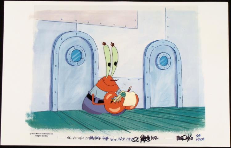 Original Cel Taking Orders Spongebob Production Art: * This animation cel and reproduction background are from the Nickelodeon TV show SpongeBob Squarepants. The story takes place under the deepblue sea in Bikini Bottom, where Spong