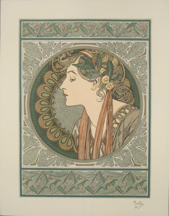 Alphonse Mucha : Laurier, 1901 Art Nouveau Print: This is one of Mucha's most beloved images: an elegant profile surrounded by lush foliage.Artist: Alphonse Mucha Title: Laurier, 1901 Paper Size: 28 3/4 x 22 5/8 inches.