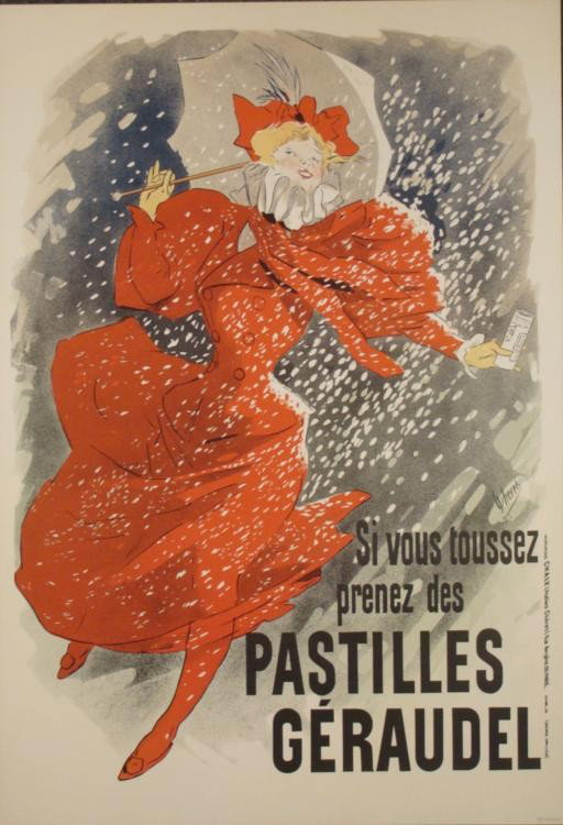 Jules Cheret Pastilles Geraudel Art Deco Ad Print: A lovely lady is seen frollicking in a storm in this playful advertising image from Pastilles Geraudel candies.Artist: Jules Cheret Title: Pastilles Geraudel * Paper Size: 36 1/2 x 25 1/8 inches. Note