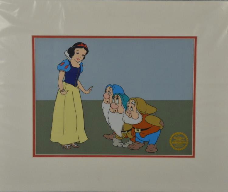 Snow White Seven 7 Dwarfs Ltd Ed Disney Animation Cel: This is a limited edition animation cel reproduced from the original 1937 Disney movie Snow White and the Seven Dwarfs . Snow White is shown here, along with three of the dwarfs (we'll let you guess t