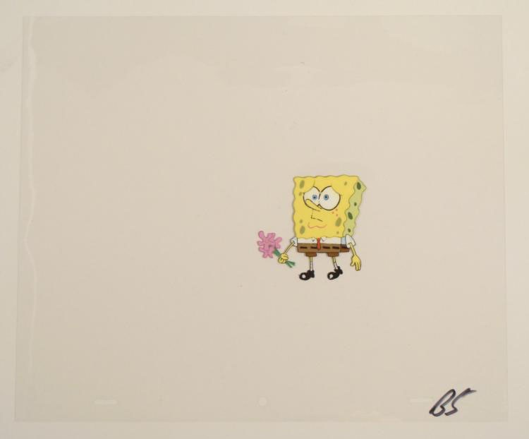 Sad SpongeBob Original Cel Animation Art Flowers Face: This original animation cel is from the Nickelodeon TV show SpongeBob Squarepants. The story takes place under the deep blue sea in Bikini Bottom, where SpongeBob resides. Sp