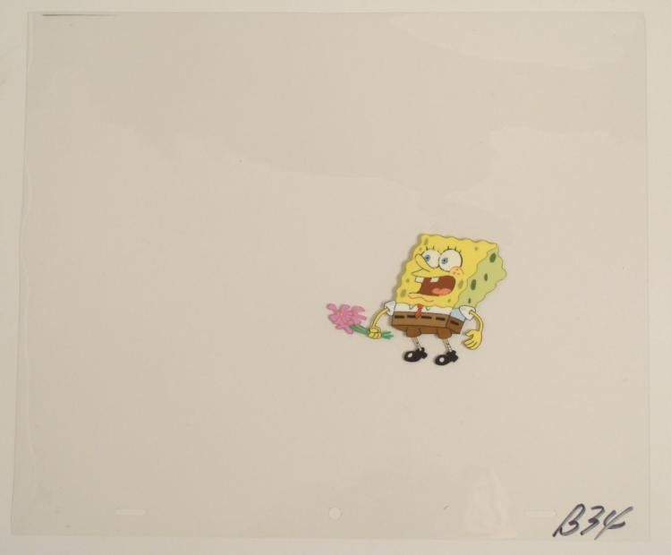 Sucking In SpongeBob Original Animation Cel Art Flowers: This original animation cel is from the Nickelodeon TV show SpongeBob Squarepants. The story takes place under the deep blue sea in Bikini Bottom, where SpongeBob resides. Sp