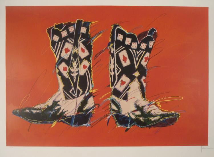 Kim Yoakum Signed Ltd Ed Cowboy Art Print The Gambler: They say that one's boots can tell a lot about a person, and these bold black ones with playing cards are certainly those of a true gambler. * Artist: Kim YoakumSignature: In pencil, lower rightTitle: