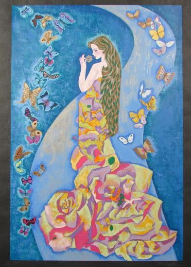 Zhou Ling SPIRIT OF THE BUTTERFLIES Rice Art Print: This gorgeous print - so vibrant and mysterious - is by the well-known and very popular Yunnan School artist Zhou Ling: Title: "Spirit of the Butterflies"Limited edition serigraph on black rice paperS