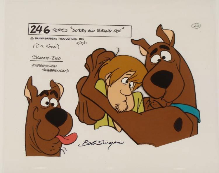 Scooby Doo & Shaggy Signed Orig Model Cel Animation Art: This is an original production animation model cel from the television series "Scooby Doo". * This cel features two images of Scooby Doo- one silly, and one frightened and holding onto his frien