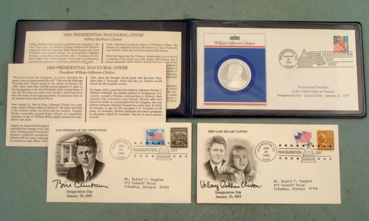 Clinton Inaugural Proof Coin w/ Stamps 1997 Very Rare: Clinton Inaugural Proof Coin with Stamps, in blue folder with White House emblem * Coin * * Designer: Frank GasparroRarity: Considered Very RareCondition: ProofDiamaeter: 1.50" * Stamps * 2 1993 USPS