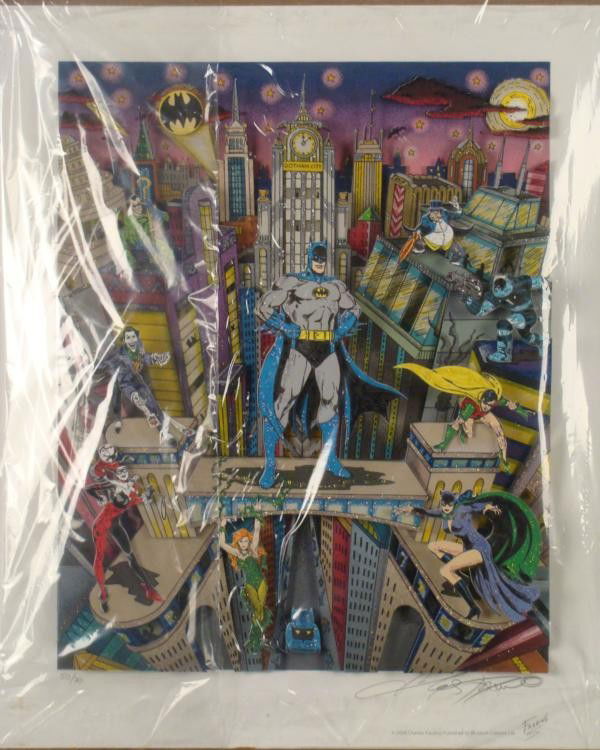 Batman 3-D Ltd Ed Signed Comic Art Print Fazzino: The heights of Gotham city come alive in sparkling 3-D in this fantastic Batman art print! Here are Batman and Robin standing tall among a cast of villain, while the layers and angles of the buildings