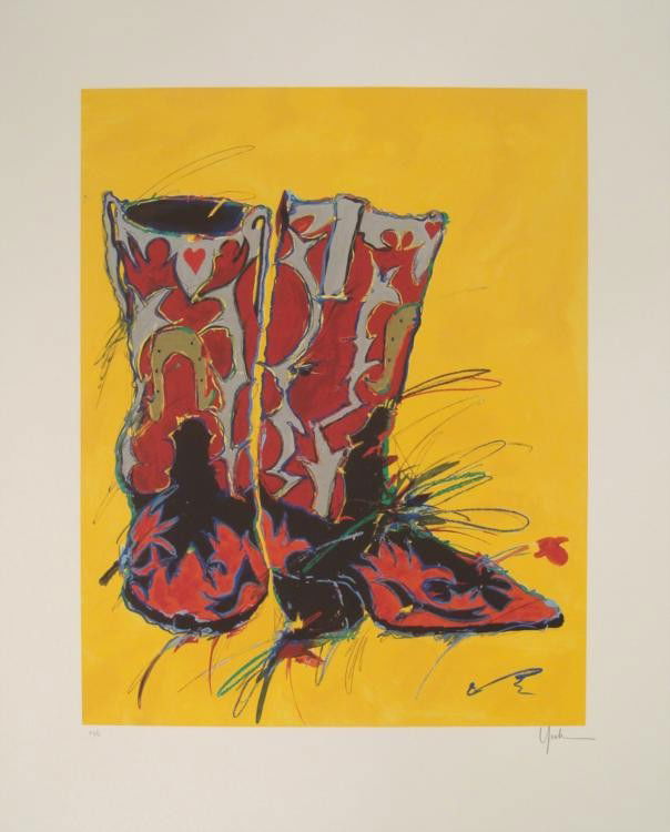 Kim Yoakum Signed Ltd Ed Boots Art Print I'm On My Way: These Western style boots were made for walking, and the Pop Art lines of color emphasize that they're ready to go. * Artist: Kim YoakumSignature: In pencil, lower rightTitle: "I'm On My Way" Medium: