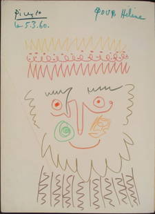 Pablo Picasso Original Drawing Signed In Book 1960: This is an original drawing by Pablo Picasso, signed, dated and dedicated by the artist. The drawing was done on the opposite side of the front cover of a book. The image is of a kingly figure with or